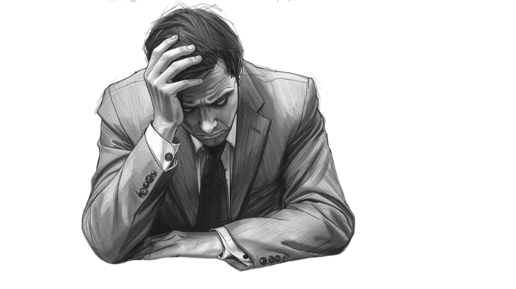 Black and white illustration of a man in a suit, hunched over with one hand on his forehead, appearing stressed or worried--scott-mcelroy-executive-coach-13