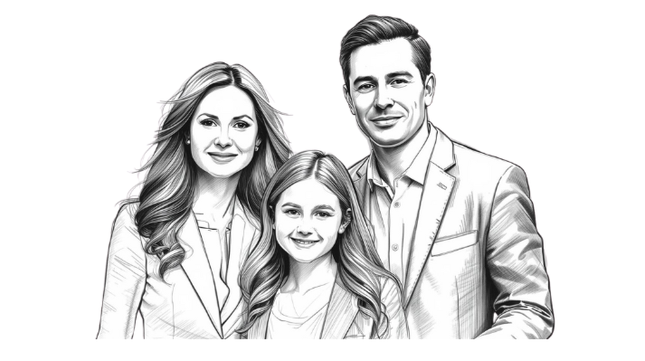 Black and white illustration of a family of three adults, a woman, a man, and a girl, all smiling and dressed in formal attire--scott-mcelroy-executive-coach-11