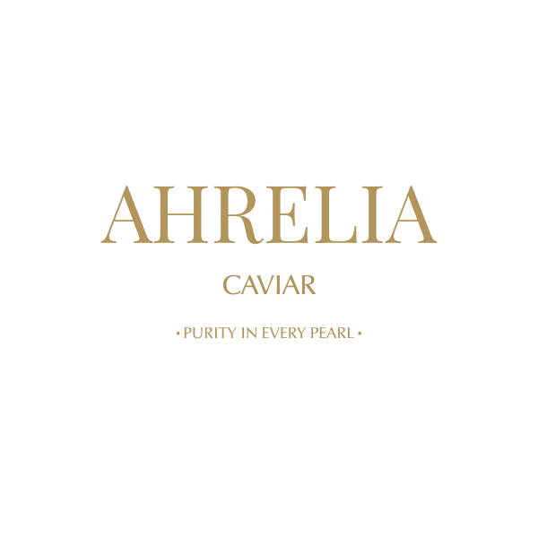 Gold text that says "Ahrelia Caviar" and "Purity in Every Pearl".