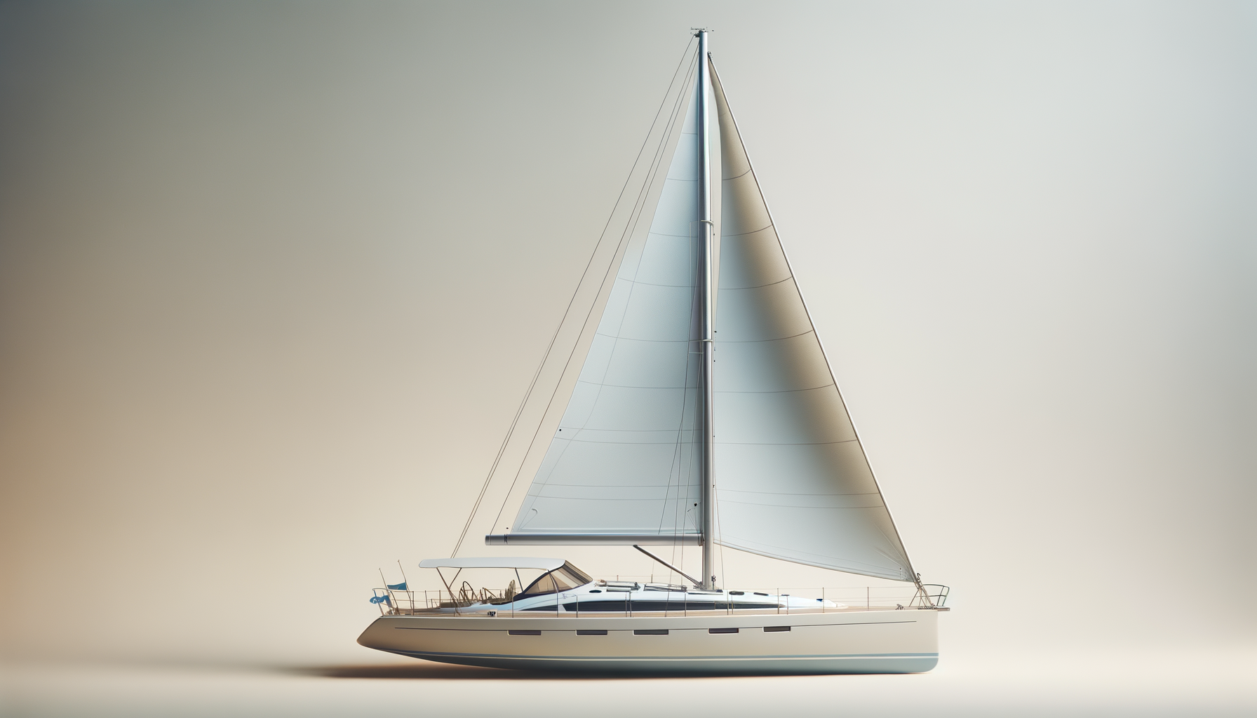 A modern sailboat with a white hull and tall mast, floating on a plain, light background.