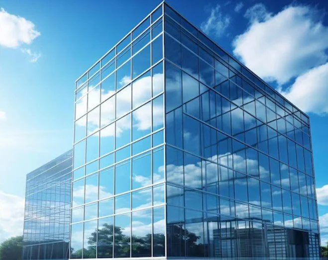 Modern glass office building reflecting the sky and clouds