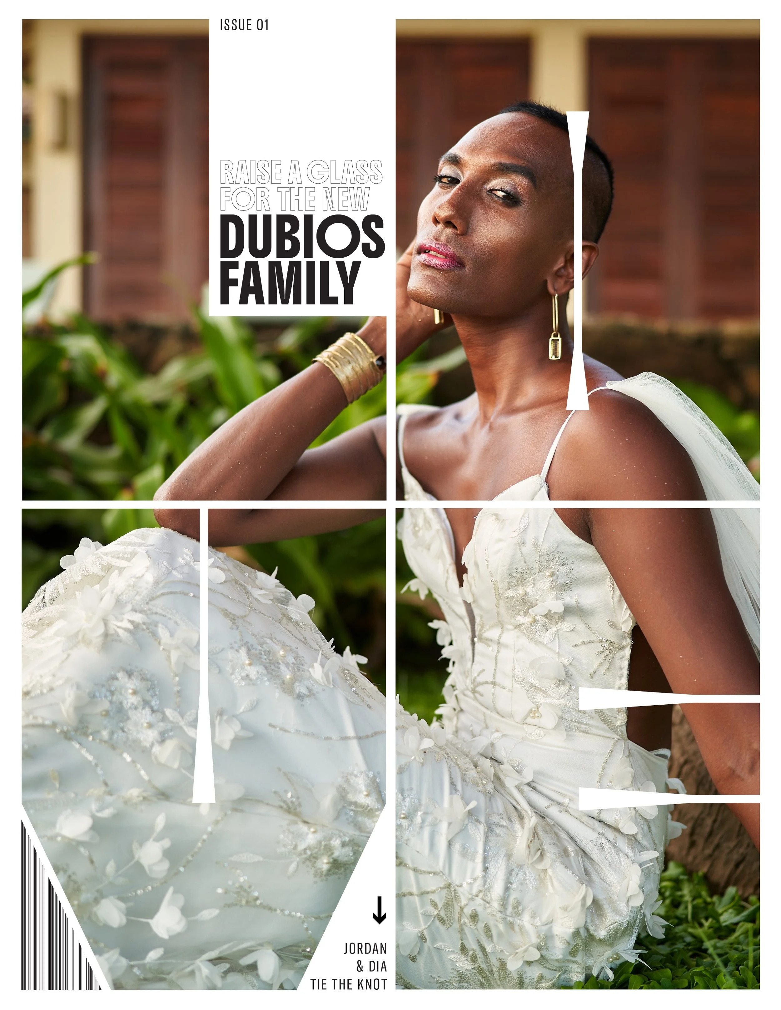 Magazine cover featuring a person in a wedding dress with annotations and the text 'Raise a glass for the new Dubois family'.