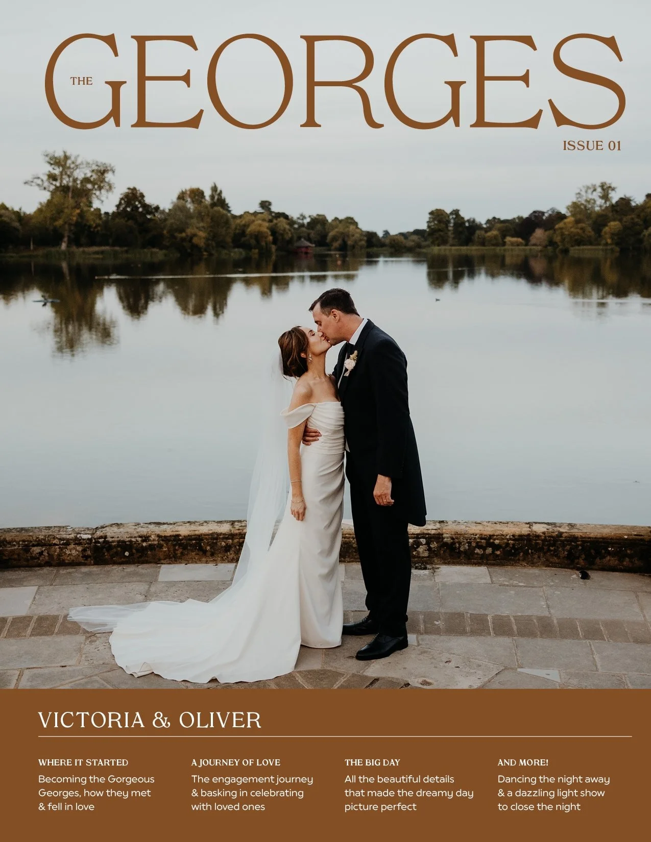 Wedding couple by a lake, kissing, with trees in the background, on a magazine cover titled "The Georges," Issue 01, featuring sections about their love story and wedding details.