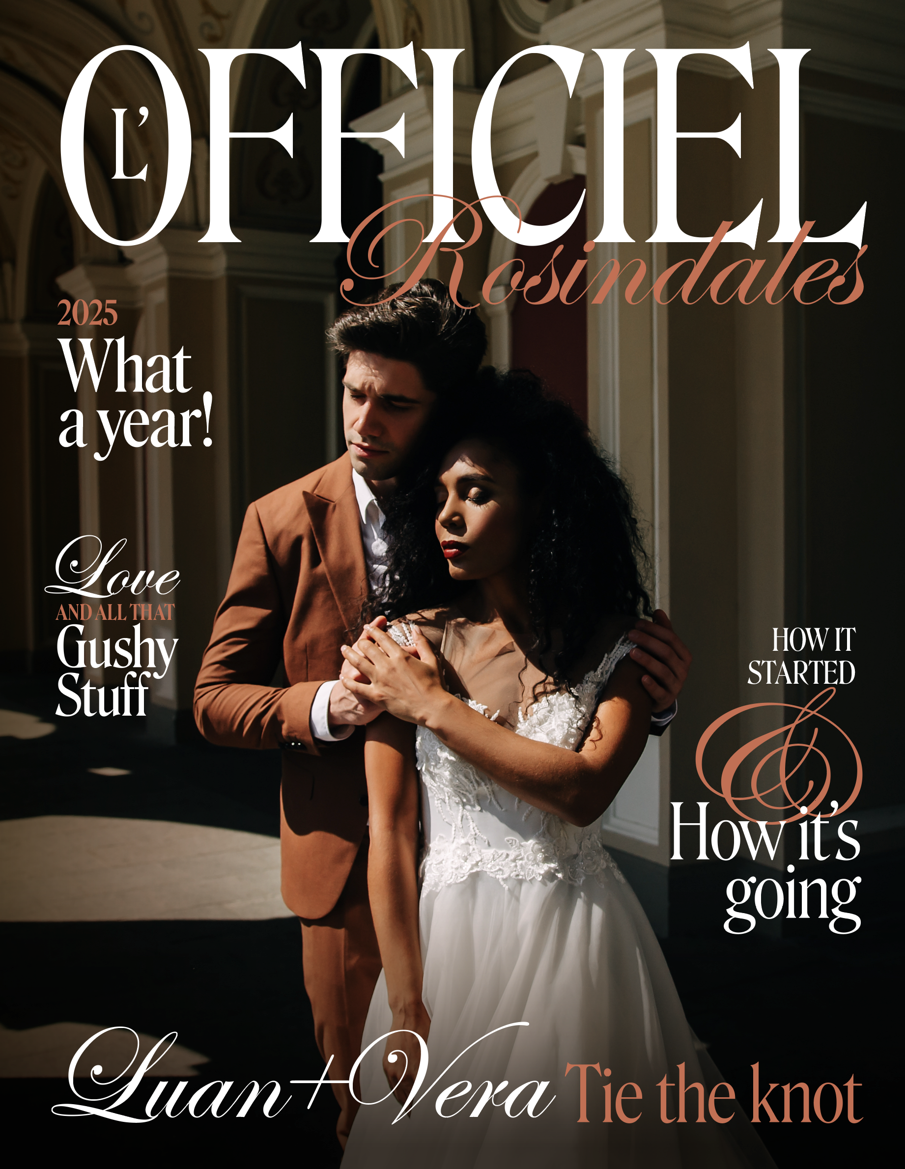 A man and woman in wedding attire embrace inside a grand, ornate building with high ceilings and decorative moldings.