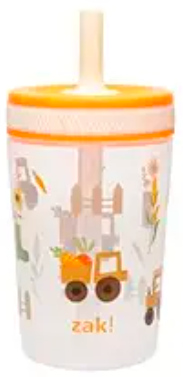 Child's sippy cup with a straw, decorated with construction vehicle and dinosaur illustrations.