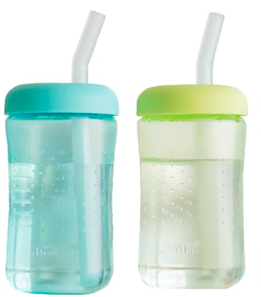 Two reusable sip cups with straws, one teal and one green, both with clear bodies and matching colored lids.