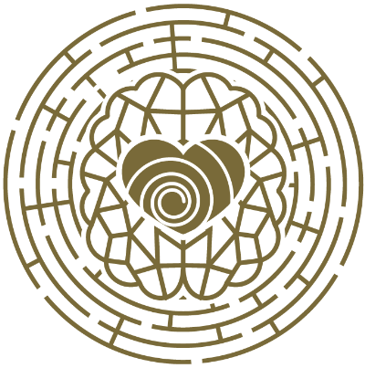 Ruh Cara logo, a golden labyrinth with a heart at its centre