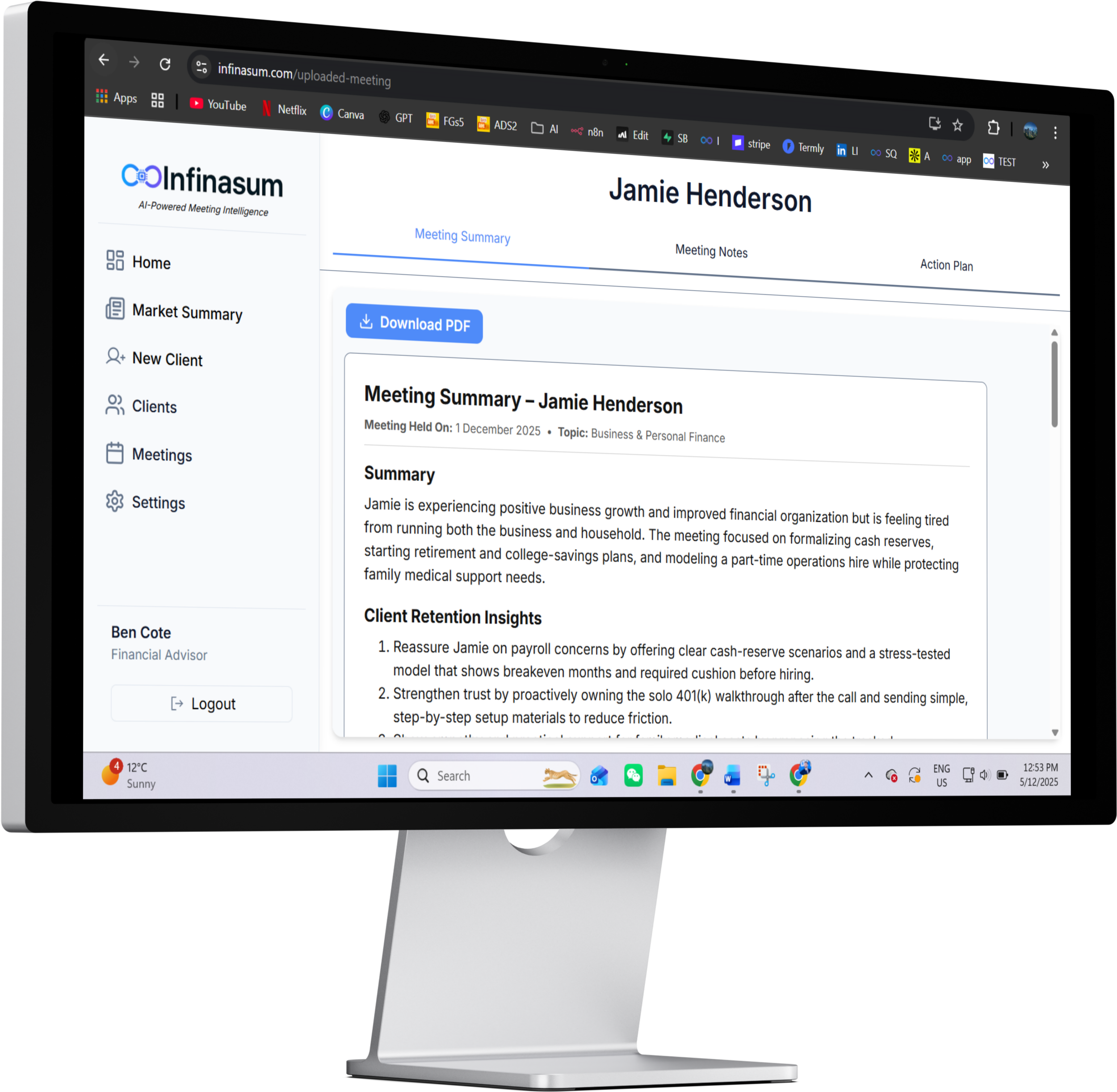 Computer screen displaying a meeting summary page on Infinasum platform, with menu options on the left, a meeting title, and notes visible.