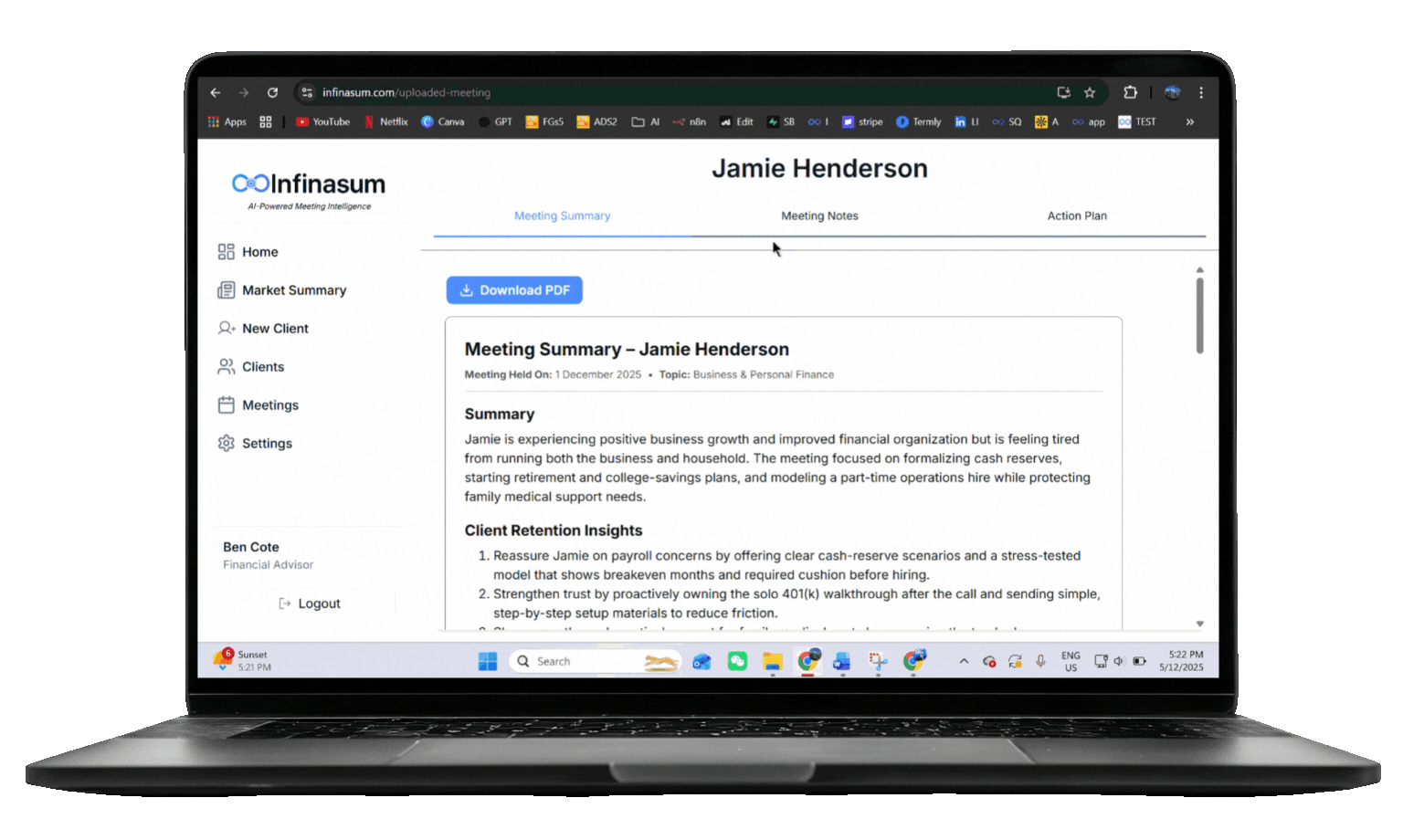 Laptop screen displaying a meeting summary for Jamie Henderson on the Infinasum platform, showing a menu on the left with options such as Home, Market Summary, New Client, Clients, Meetings, and Settings, and a download PDF button at the top of the page.