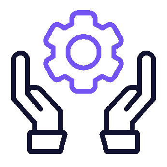 Two hands holding a gear or cog symbol, representing support or management.