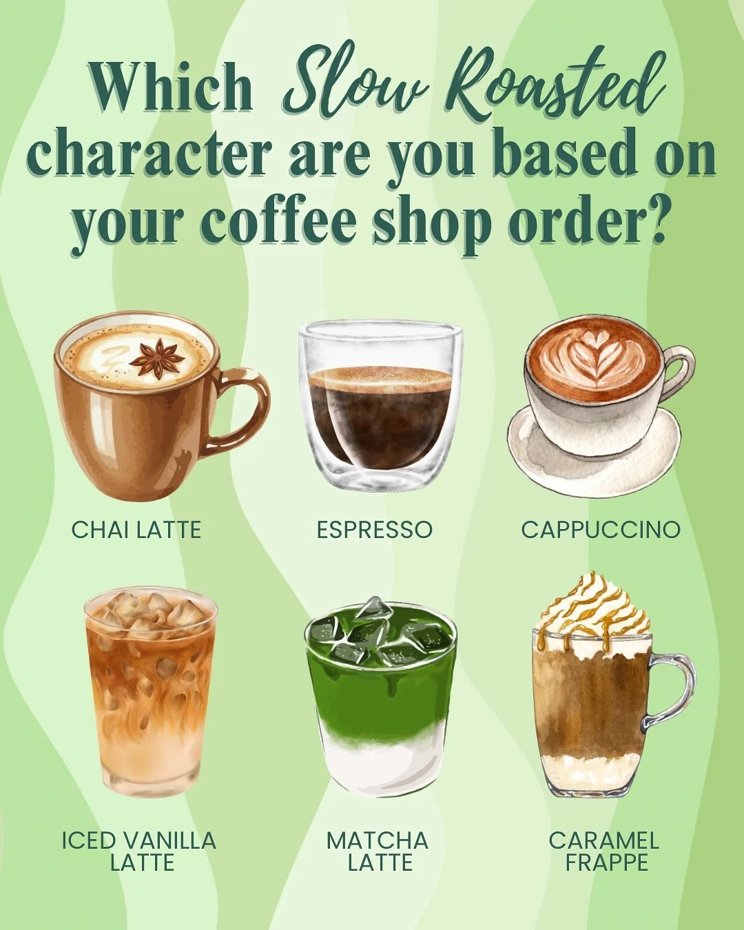 Tell me what Slow Roasted character you are based on your coffee shop order!! 

Slow Roasted by E. M. Hedrick is a cute fake dating romance with open door spice and relatable characters.

☕️fake dating
✨barista/customer
☕️slow burn
✨open door spice 
