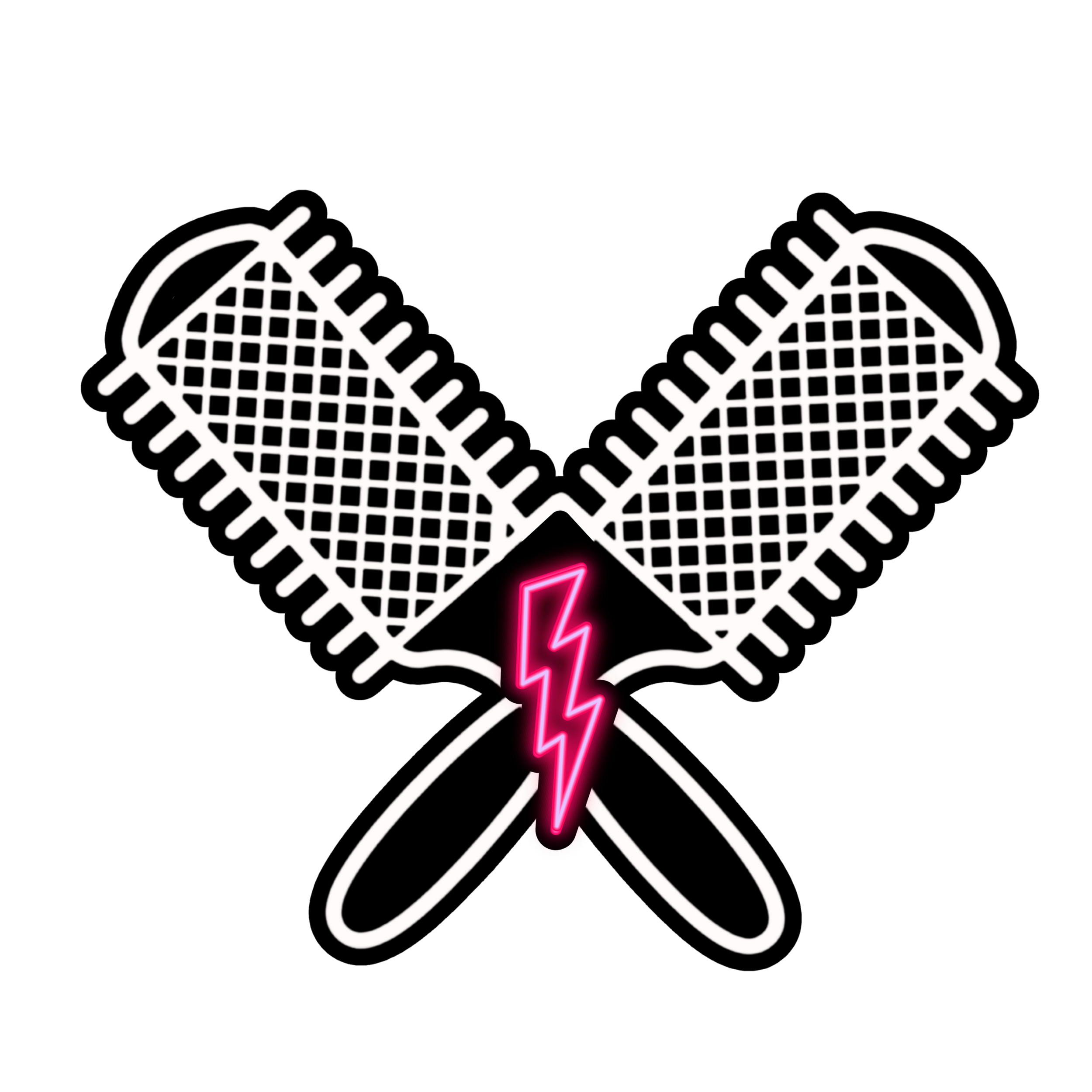 A neon-style illustration of two crossed waffle irons with a pink lightning bolt between them on a black background.