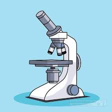 A white laboratory microscope on a blue background.