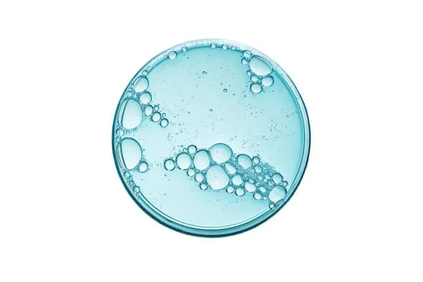 Close-up of a Petri dish with blue liquid and bubbles.