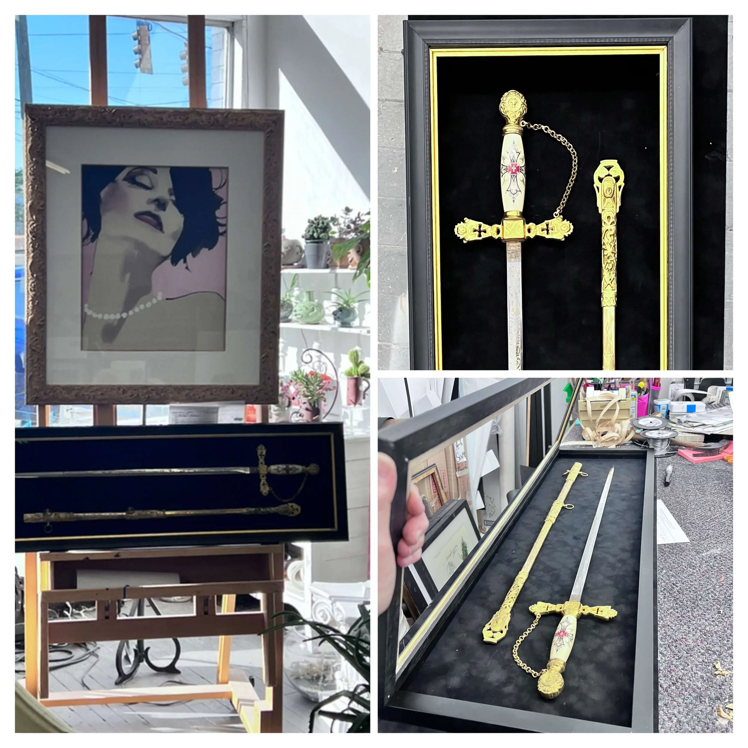 Swords and objects protected in custom made shadow boxes and display cases