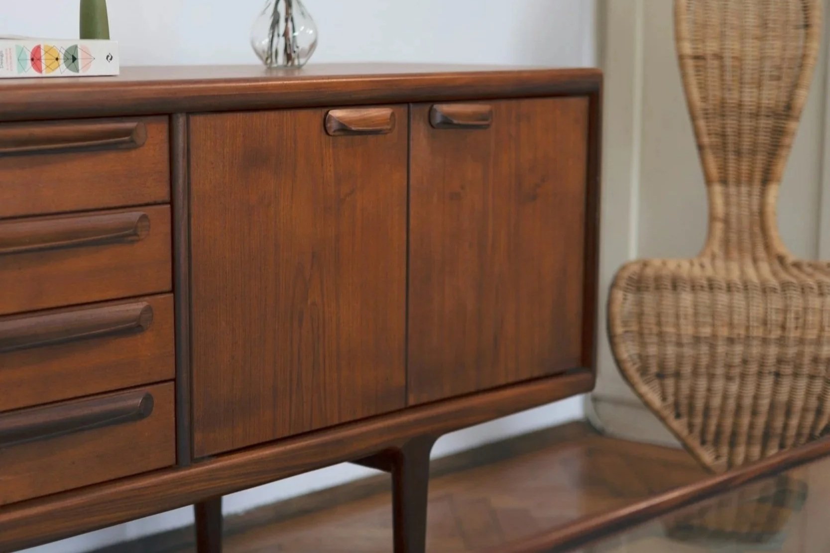 Midcentury modern desk and wicker chair repaired and preserved