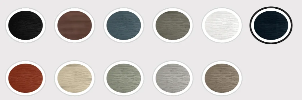 A color palette featuring ten different shades of colors arranged in two rows. The first row includes black, brown, dark blue, olive green, white, and navy blue. The second row features red, beige, greenish gray, gray, and taupe.