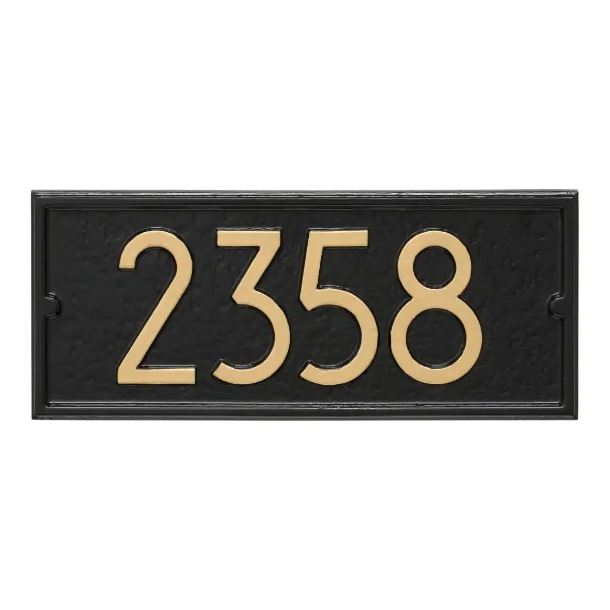 Black house number plaque with gold digits reading 2358.