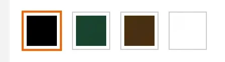 Color swatches of black, dark green, dark brown, and white