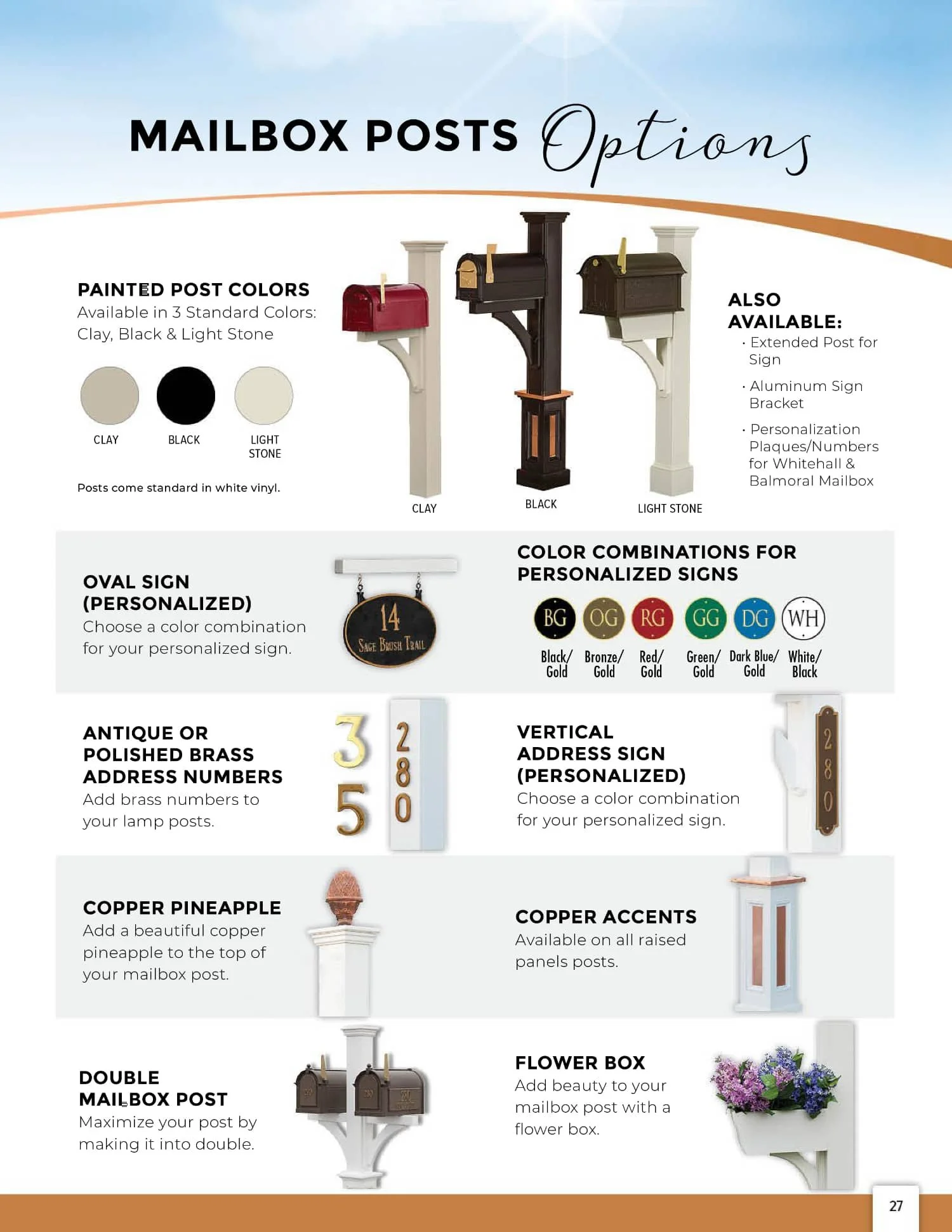 A flyer showing mailbox post options with various colors, signs, and accessories, including painted post colors in clay, black, and light stone, personalizable signs, and mailbox decorations like copper pineapple, flowers, and double mailbox posts.