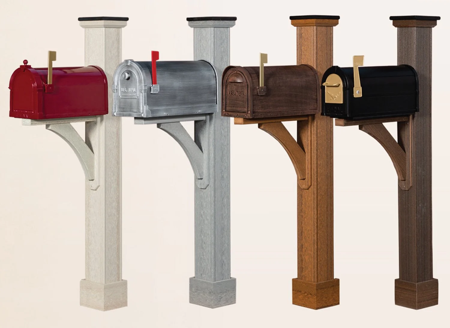 Four wooden mailboxes, each mounted on individual wooden posts, in different colors: red, gray, brown, and black.