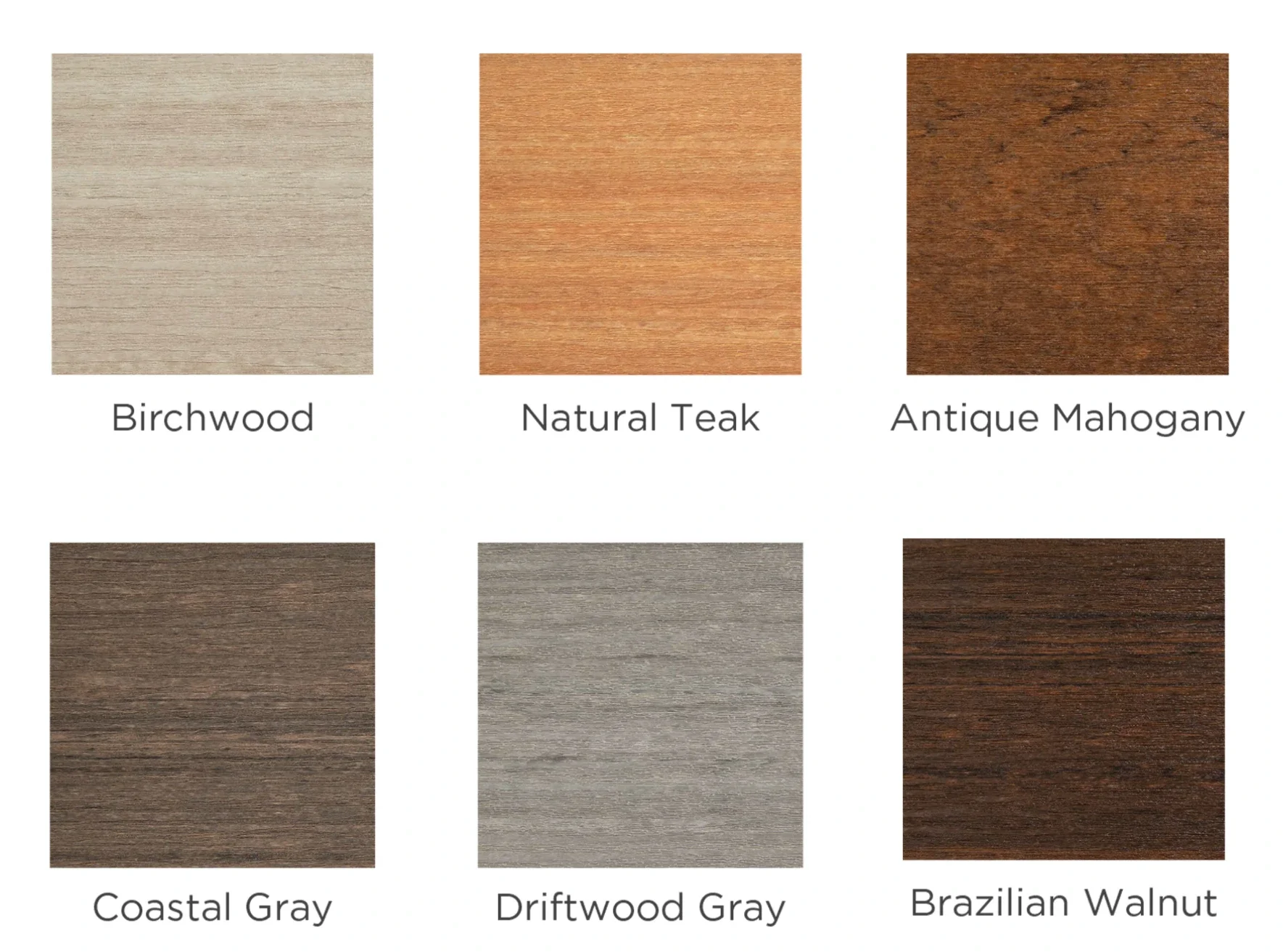 Color samples of six different mailbox post: Birchwood, Natural Teak, Antique Mahogany, Coastal Gray, Driftwood Gray, and Brazilian Walnut.