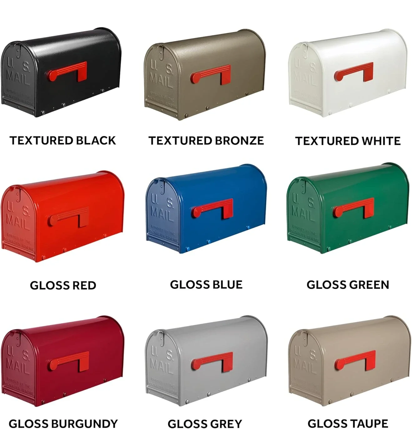 Nine different colored mailboxes by Janzer arranged in a grid with labels: Textured Black, Textured Bronze, Textured White, Gloss Red, Gloss Blue, Gloss Green, Gloss Burgundy, Gloss Grey, Gloss Taupe.