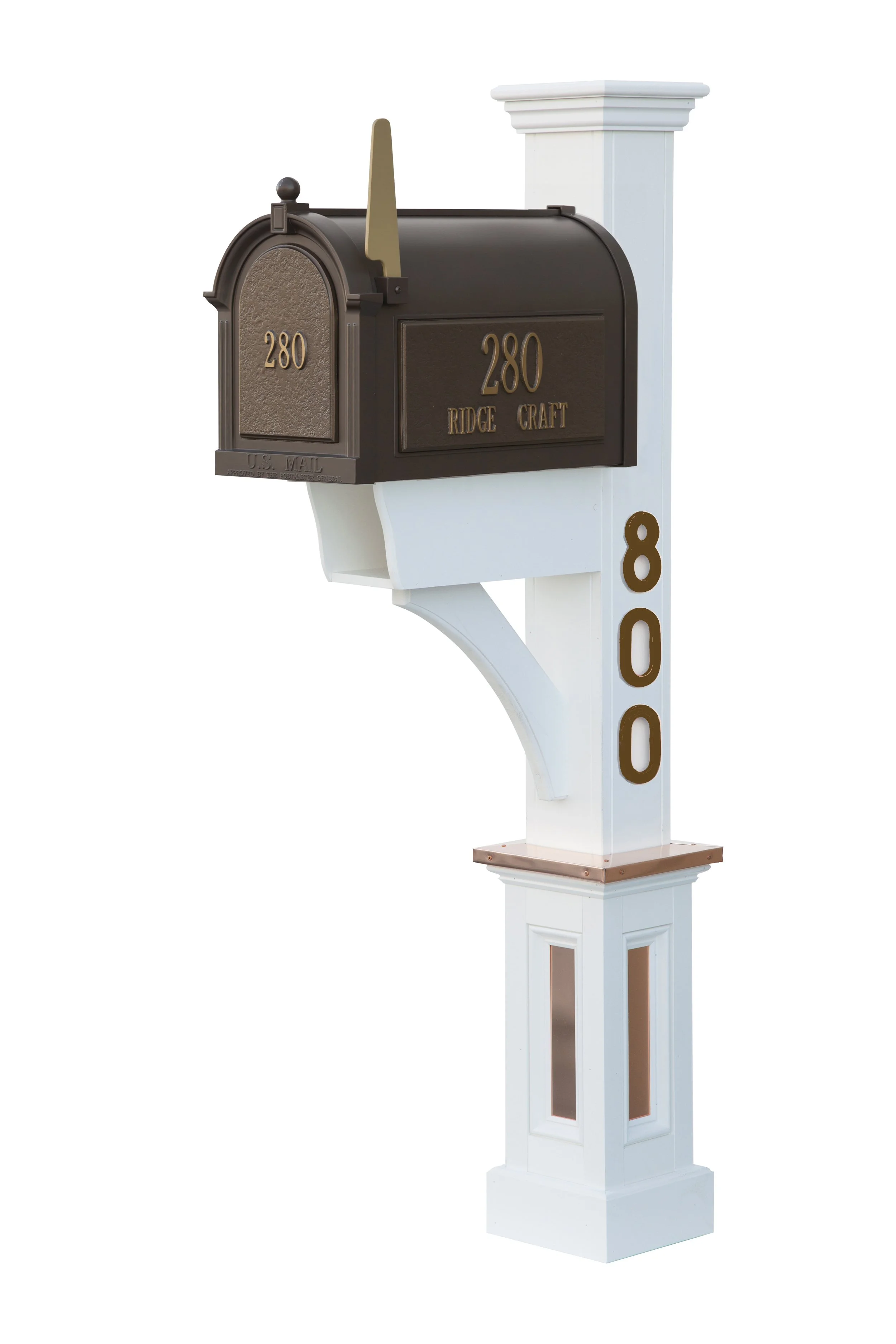 A white mailbox post with the address 800 and a black mailbox labeled 280 Ridge Craft attached to it.