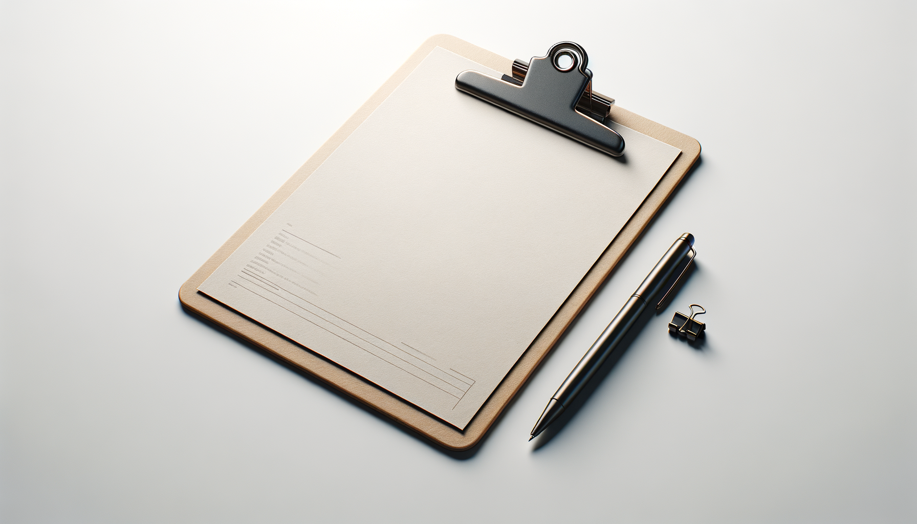 A clipboard holding a blank sheet of paper, a black pen, and a small black binder clip on a white surface.