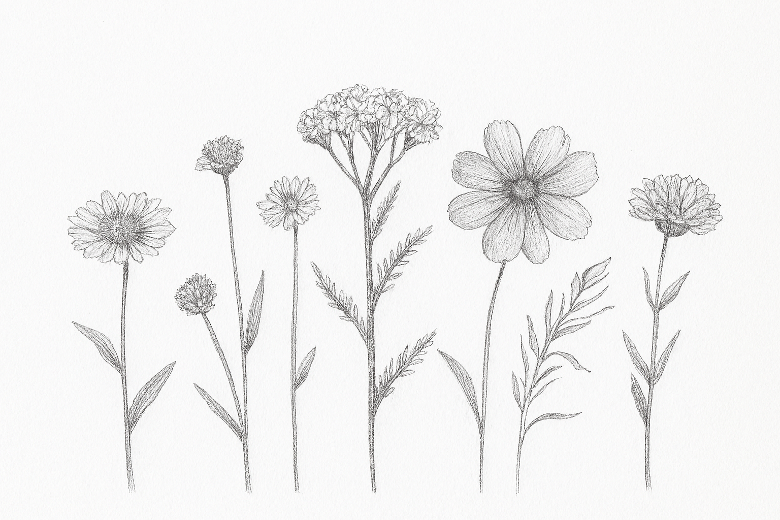 A detailed pencil drawing of various wildflowers and plants, including daisies, a large flower, and smaller targeted flowers, on a white background.