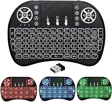Mini wireless Keyboard compatible with Raspberry Pi. Color backlit. Auto sleep mode. Operates on 2xAAA