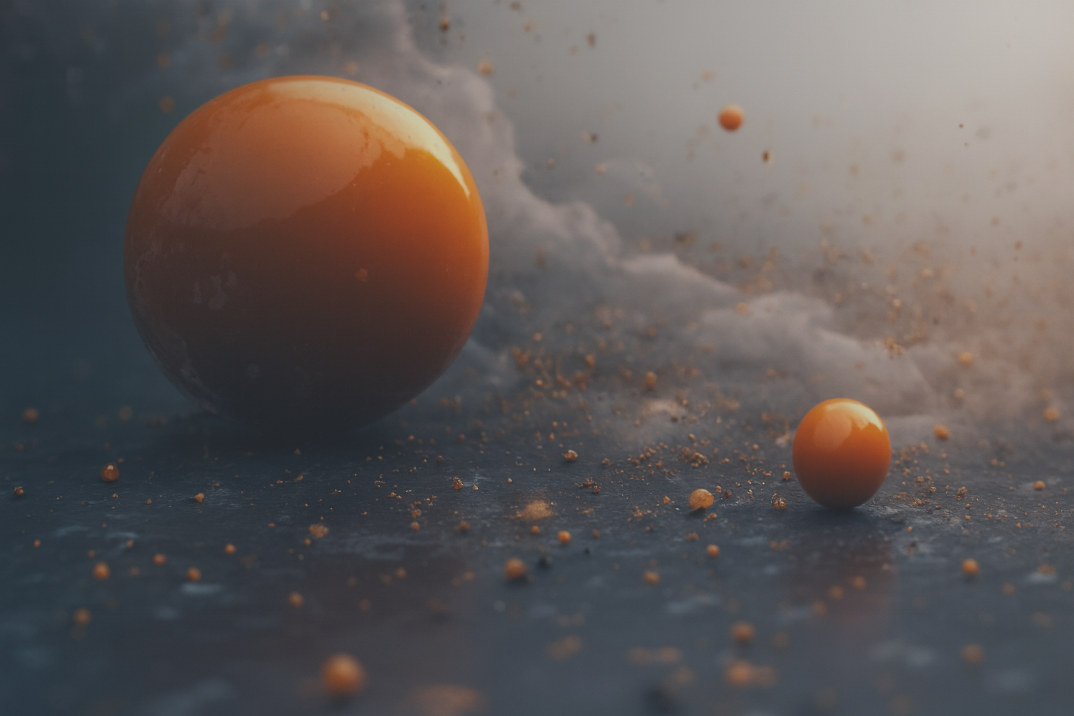 Close-up of two reflective orange spheres of different sizes on a textured surface with scattered small particles, with soft lighting and a cloudy background.
