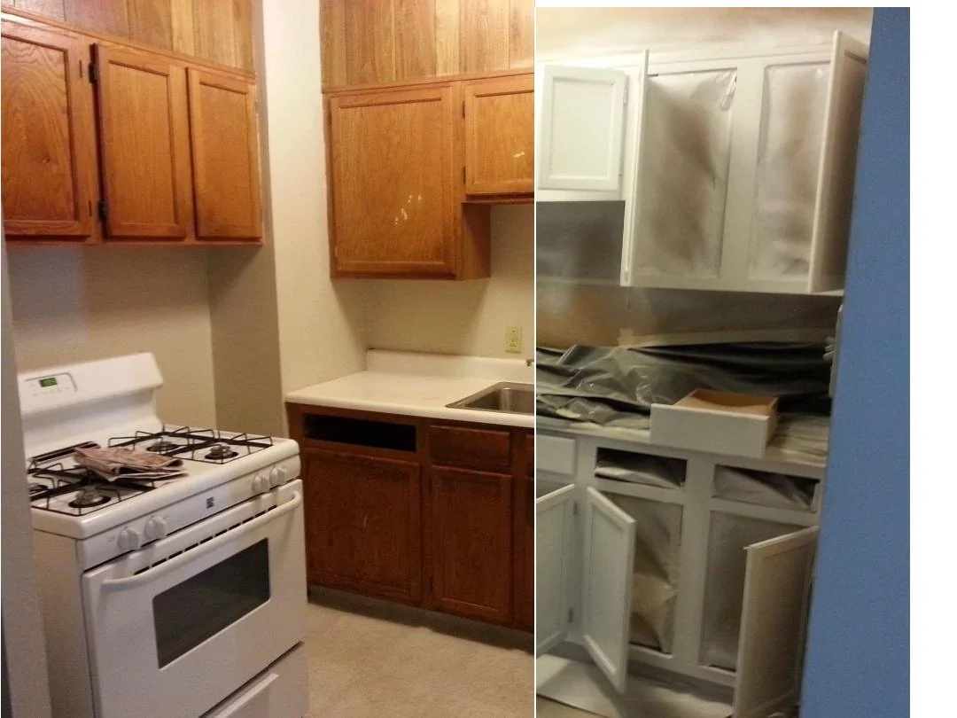 Grammy's old wood cabinets look dated and worn. Cabinet refinishing makes them new and modern. We can do custom colors on cabinets as well. Gray up top, white on the bottom? No problem.