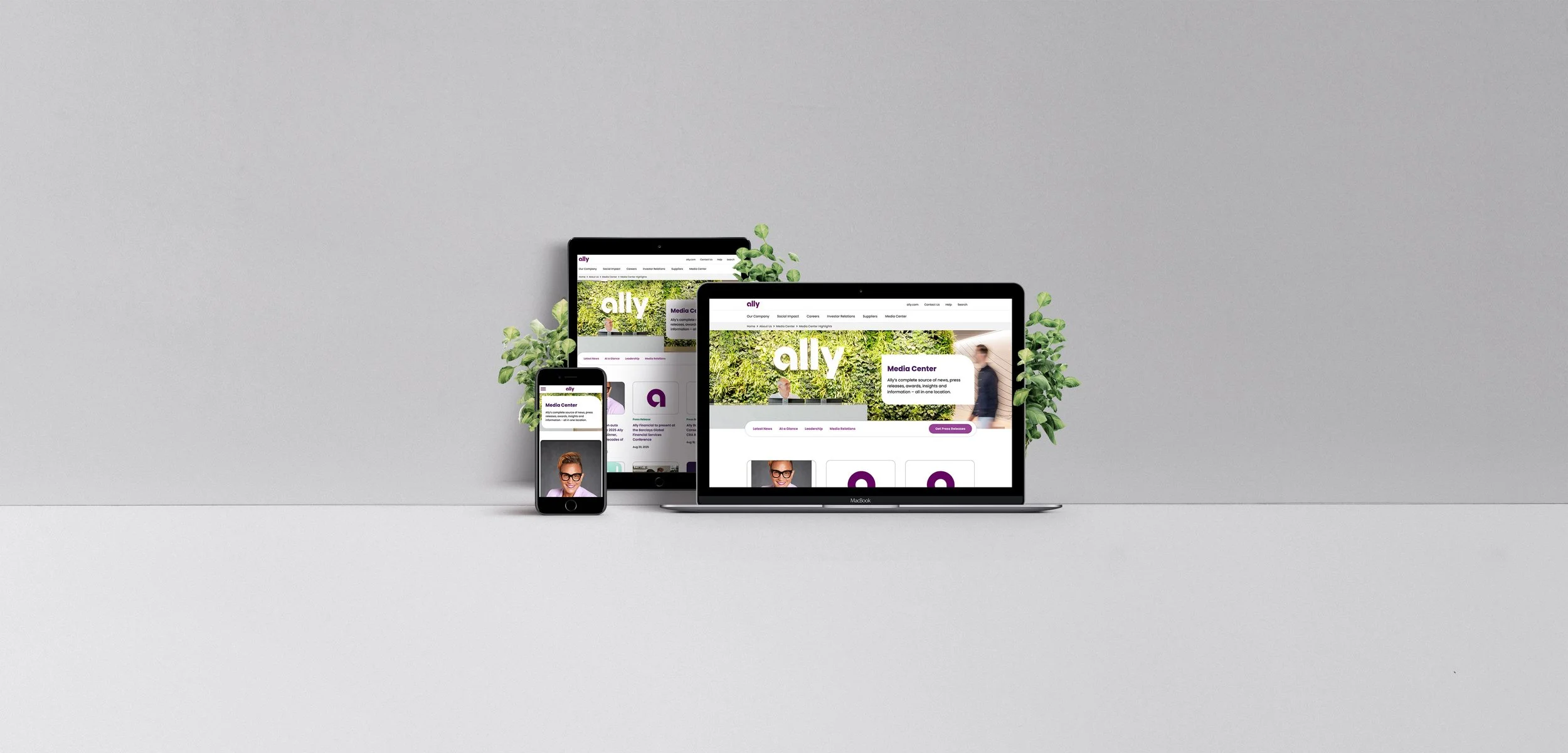 A phone, tablet and laptop showing the homepage for Ally Bank's media center microsite