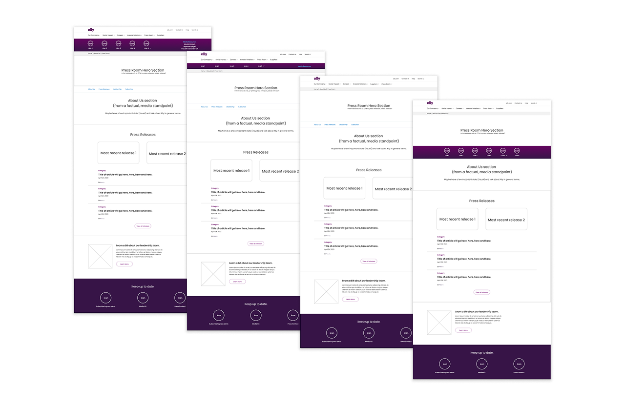 A few different webpage mockup showing different layouts for Ally Bank's media center homepage