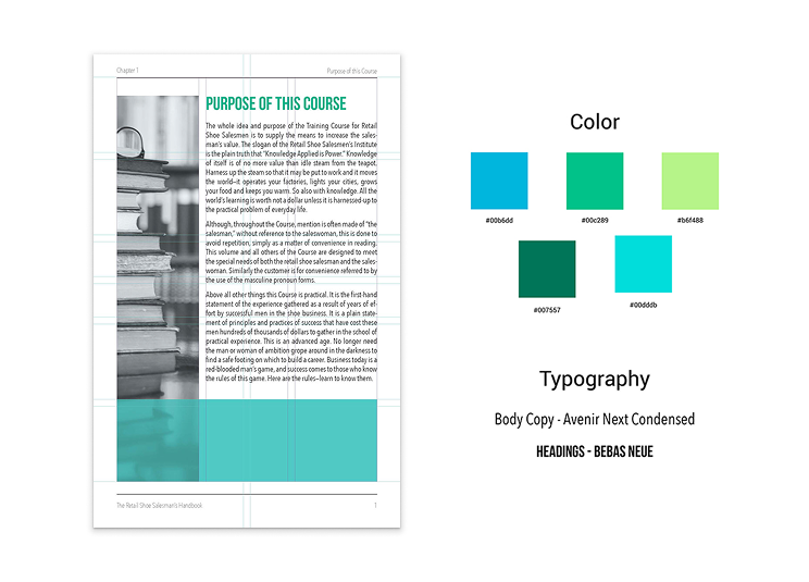 A page from the magazine showing the grid used for the content and then the right of the page shows the blue and green color palette and sans serif typefaces used within the magazine