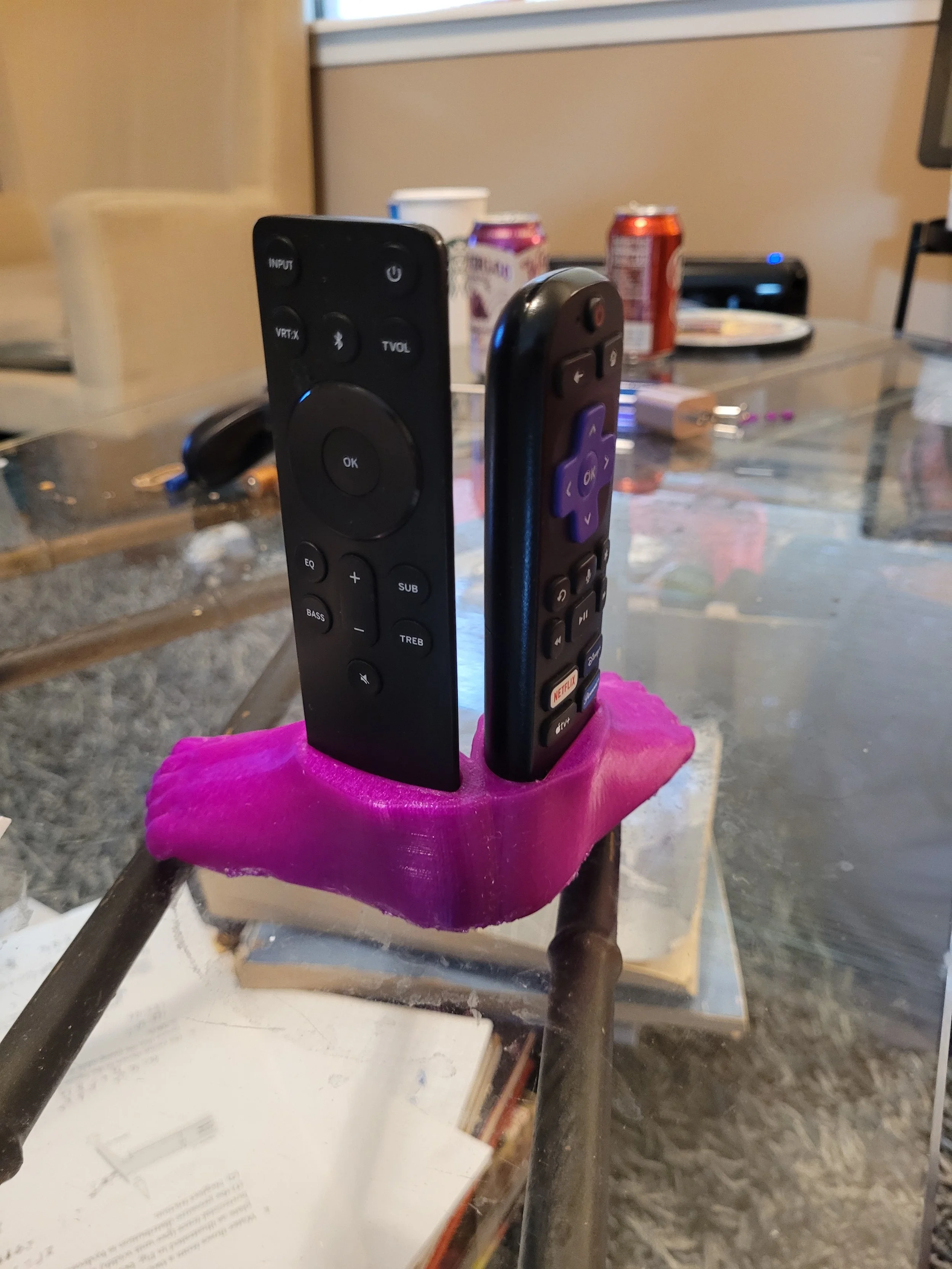 Printed from flexible TPU, the feet keep the remotes together and upright. The bright color helps them stand out so the remotes never go missing again.