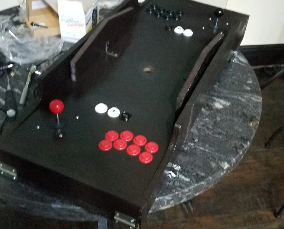 Assembled user interface. Everything was hand cut with a jigsaw and spade drills, spray painted black