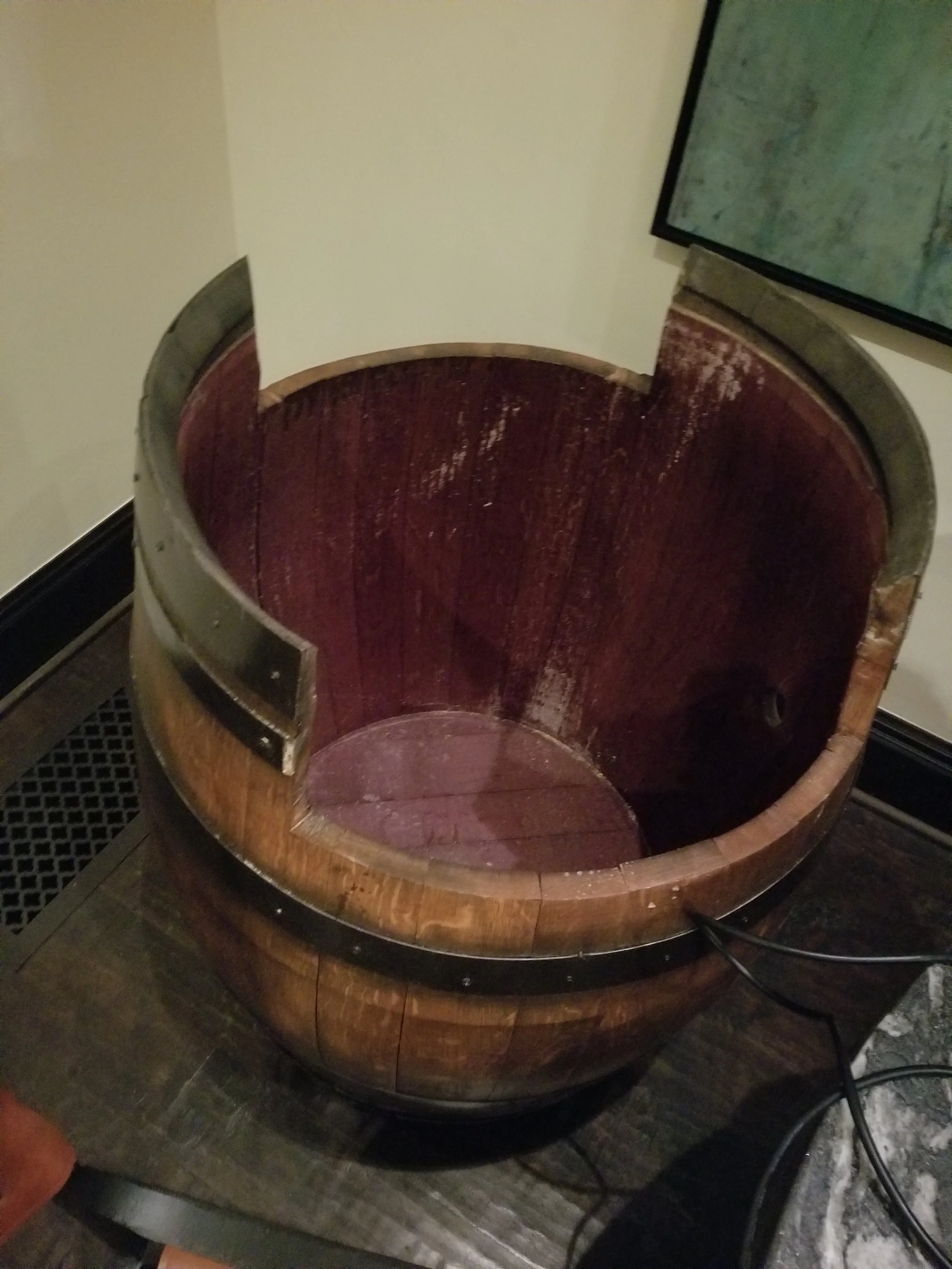 The wine barrel cut open to fit the cabinet. I also painted the steel bands black to match how the barrels look in Donkey Kong