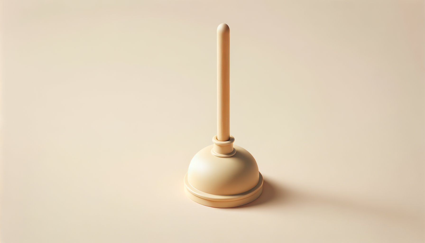 A beige plunger with a wooden handle stands on a plain beige surface, with a plain beige background.