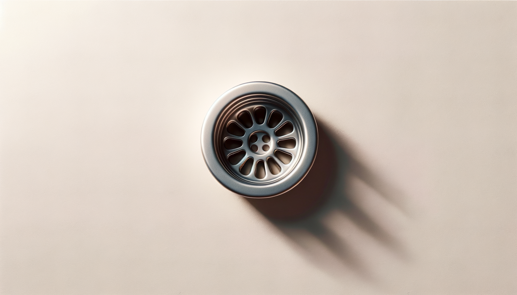 A metallic sink drain stopper on a beige surface with a shadow to the right.