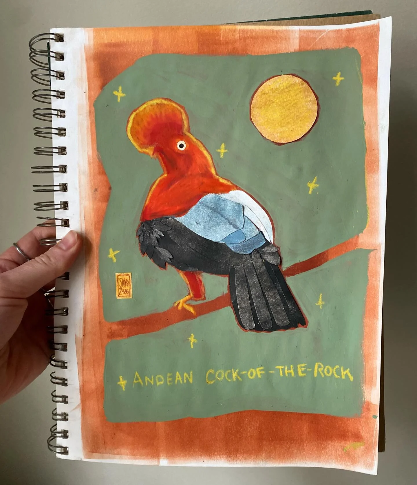 @birbfest.challenge Day 8: Andean Cock of the Rock
I loved making this one with my lino cleaning scraps from yesterdays print session, neoart pastels, and acrylic. This is one of the silliest birds! 
#birbfest2026 @monkeymintaka