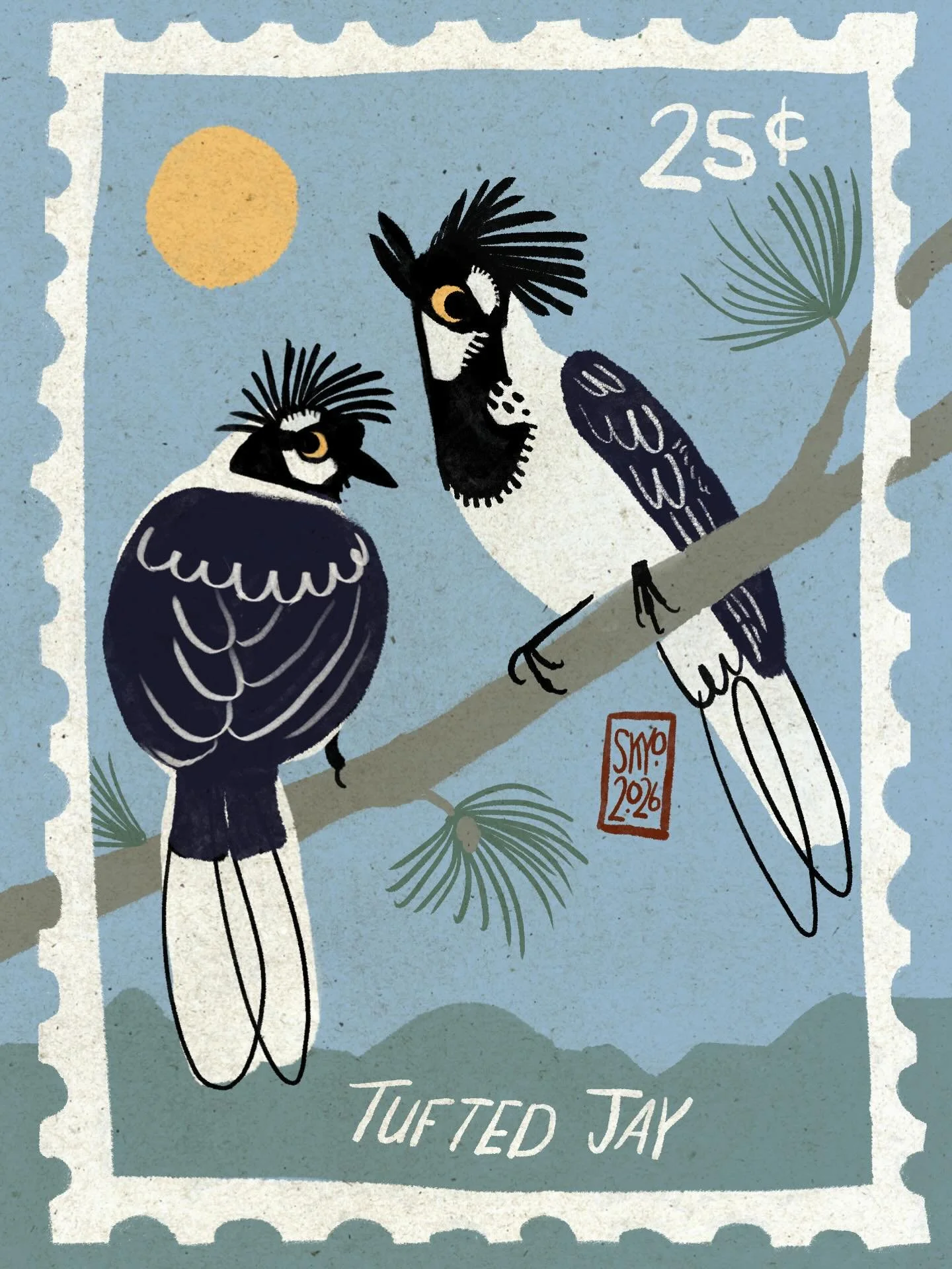Day 18: Tufted Jay

Another digital illustration while I work on prints, collages and paintings of the others! 🥰 I love this time of year and am having so much fun exploring x thank you @monkeymintaka  #birbfest2026 @birbfest.challenge