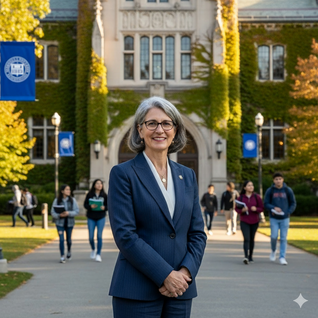 female senior university president with gray hair, glasses, and a smile in blue suit standing in front of college campus with hands folded in front of her, with students walking in the background