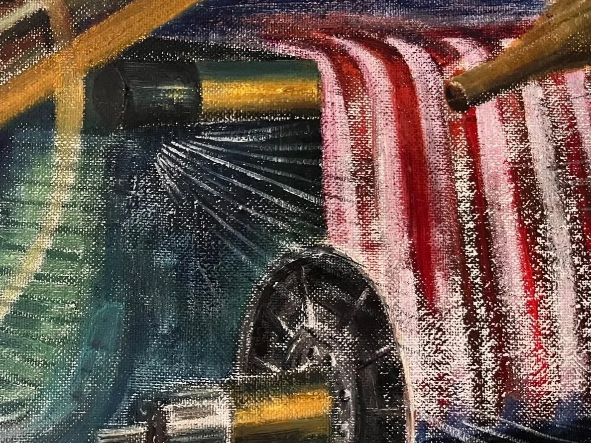 Close-up of a colorful train painting with red, black, yellow, and green hues, and metallic textures.