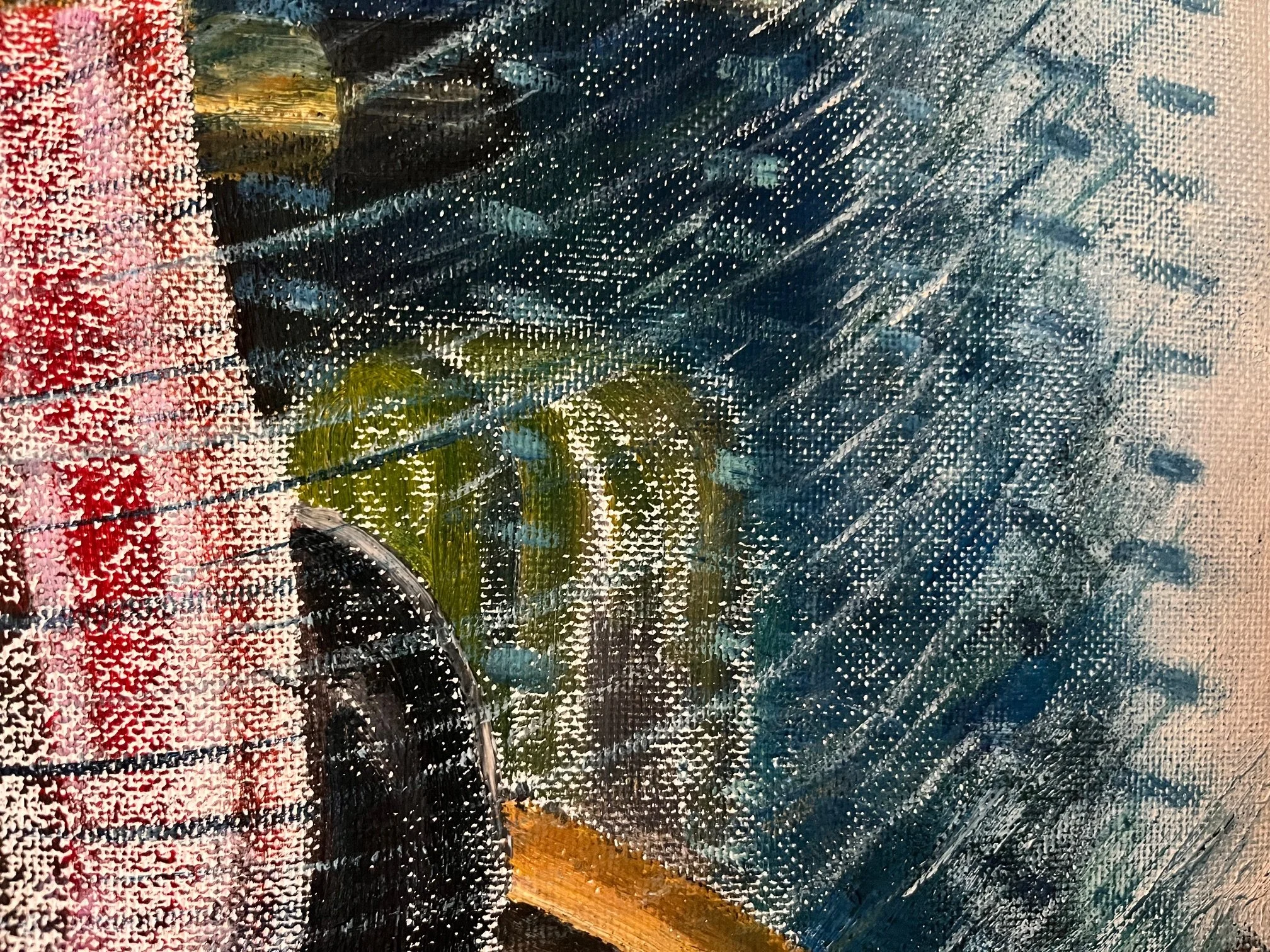 Close-up of a textured, abstract painting with various colors, featuring pink, black, green, blue, and hints of yellow and orange, created with thick brushstrokes and dotted patterns.