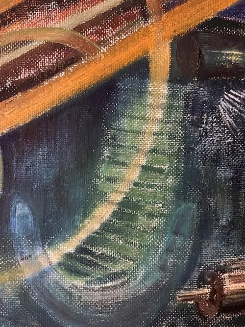 Close-up of a colorful, abstract painting with a staircase-like pattern and textured brushstrokes.