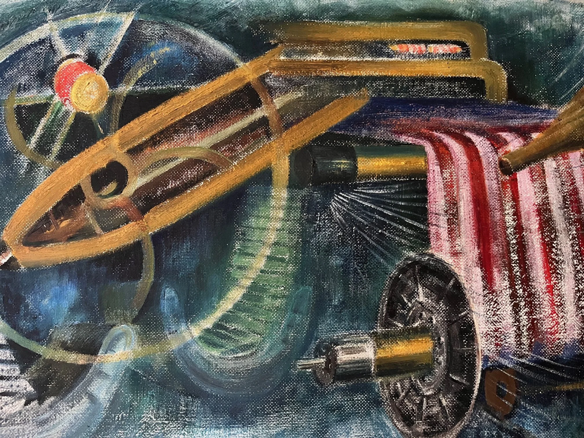 Abstract painting featuring a vintage-style train engine and a large compass with colorful geometric shapes and swirling patterns.