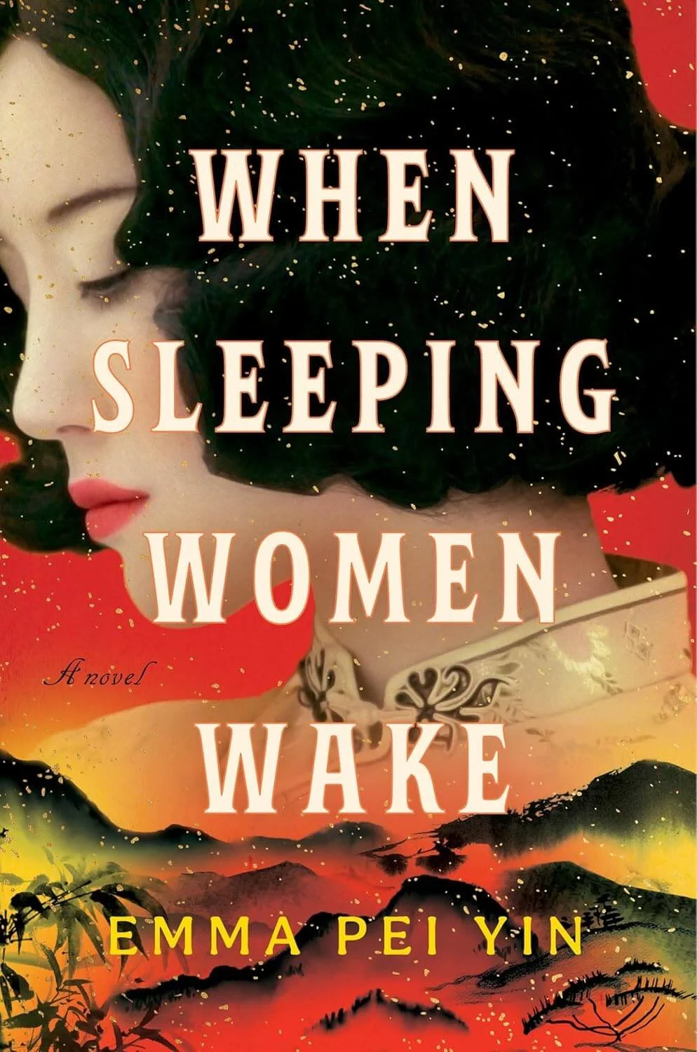 Book cover titled 'When Sleeping Women Wake' by Emma Peiyin. Features illustrations of a woman's face and a landscape with mountains and trees at sunset.