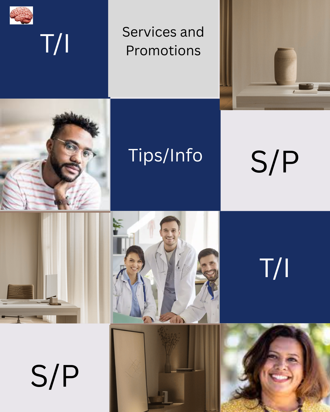 Collage of images related to healthcare and professional services, including a group of doctors, a woman smiling outdoors, a minimalistic room with a vase, and a professional looking man. Text overlays indicate sections for services, tips, and promotional information.